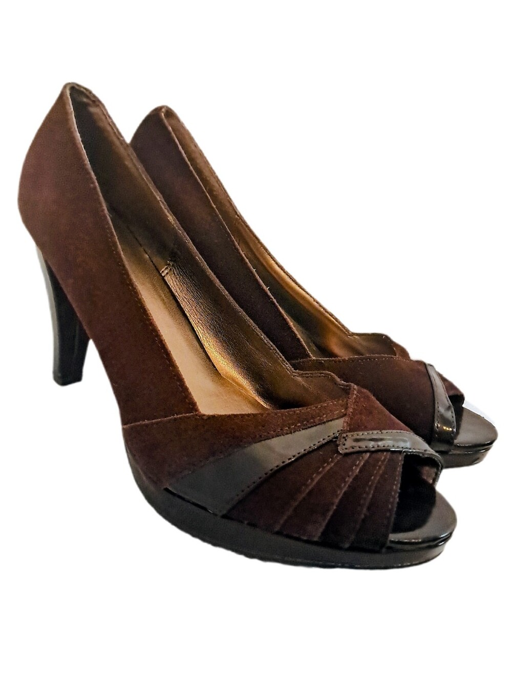 Vintage Brown Suede Peep Toe Heels Platform Pumps Patent Leather Size 9